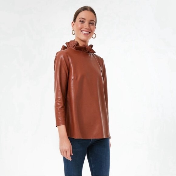 Tuckernuck Cognac Faux Leather Faye Blouse Size Small - Picture 5 of 11